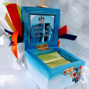 Disneys Pixar Movie UP inspired Engagement Ring Box complete with The Ellie Badge/ Movie quote inside/ Customizable image 3