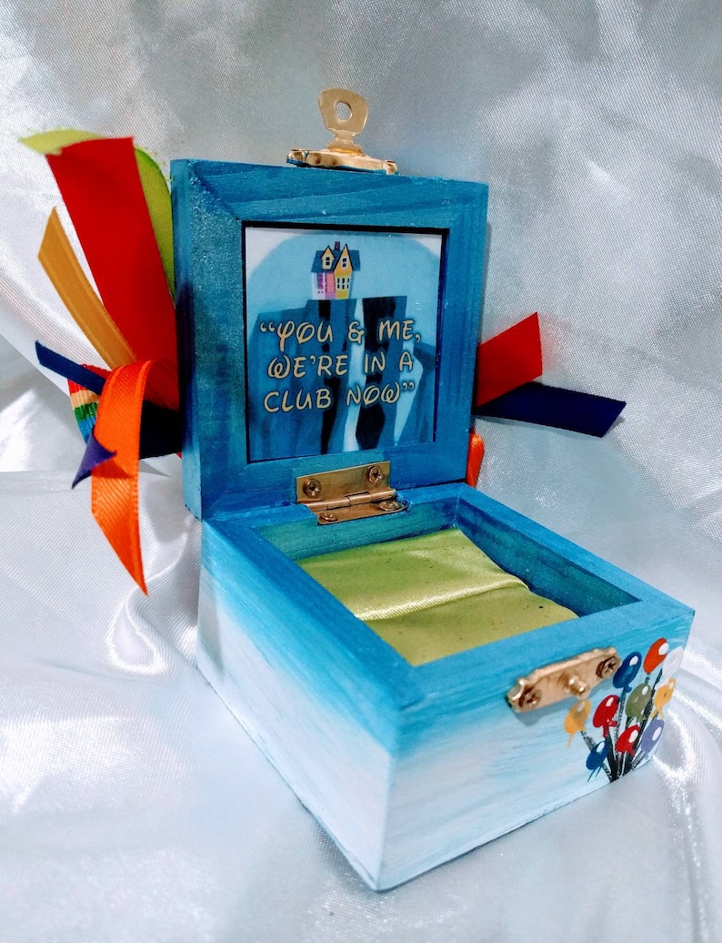 Disneys Pixar Movie UP inspired Engagement Ring Box complete with The Ellie Badge/ Movie quote inside/ Customizable image 3