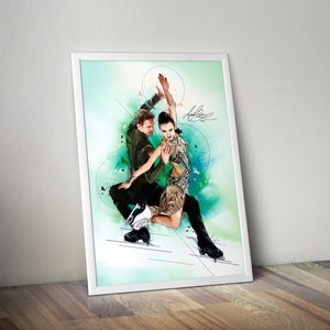 May include: A watercolour illustration of two figure skaters in mid-air, performing a lift. The male skater is wearing a green shirt and black trousers, while the female skater is wearing a green and gold dress. The background is a light blue with green and white watercolour washes.