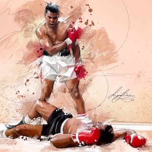 Puede incluir: Una ilustración en blanco y negro de un boxeador de pie sobre un oponente caído. El boxeador lleva guantes de boxeo rojos y pantalones cortos blancos. El boxeador caído lleva pantalones cortos negros y guantes de boxeo rojos. El fondo es de color marrón claro con líneas blancas y negras.