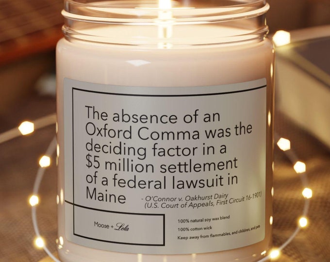 Oxford Comma Scented Soy Candle, Lawyer Gift, Grammar Enthusiast