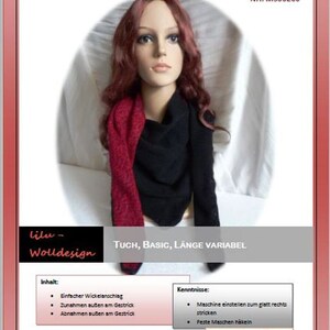 Könnte beinhalten: Eine Schaufensterpuppe mit einem schwarzen Oberteil und einem roten Schal, mit deutschem Text. Der Text enthält "Maschinenstrickanleitung" und "TUCH, BASIC, LÄNGE VARIABEL". Das Bild ist in einem rosa Rahmen eingefasst.