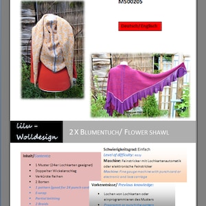 Puede incluir: Dos patrones de tejido para una chal de flores, uno en naranja y otro en morado. Los patrones son para una máquina de tejer de calibre fino con tarjeta perforada o carro de encaje electrónico. Los patrones son fáciles de tejer y requieren conocimiento de cómo perforar un patrón.