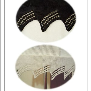 Könnte beinhalten: Zwei Nahaufnahmen einer gestrickten Spitzenborte. Das erste Bild zeigt eine schwarze Spitzenborte auf weißem Hintergrund. Das zweite Bild zeigt eine weiße Spitzenborte auf braunem Hintergrund. Der Text "lilu - Wolldesign" befindet sich oben im Bild.