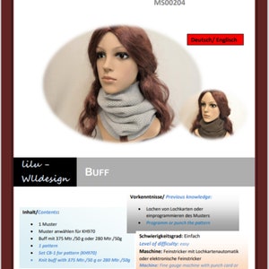 Könnte beinhalten: Eine PDF-Strickanleitung mit dem Titel "Knitting instruktion PDF" mit dem Text "Deutsch/Englisch". Die Anleitung enthält Anweisungen für einen Buff, mit einer Mannequin, die einen gestrickten Buff trägt. Der Schwierigkeitsgrad ist einfach.