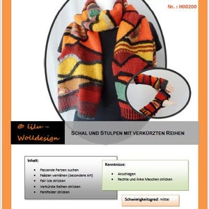 Könnte beinhalten: Eine Strickanleitung für einen bunten Schal und Fingerhandschuhe mit Anleitungen für verkürzte Reihen. Das Muster heißt "Schal und Stulpen mit verkürzten Reihen" und ist von lilu-Wolldesign.