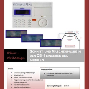 Könnte beinhalten: Eine weiße Brother KH970 Strickmaschine mit einem CB-1-Zubehör. Das Bild enthält Anweisungen zur Verwendung der Maschine zum Erstellen eines Maschenstiches und einer Maschenprobe. Der Text auf der Seite lautet "Schnitt und Maschenprobe in den CB-1 eingeben und abrufen", was mit "Stich und Maschenprobe in den CB-1 eingeben und abrufen" übersetzt wird.