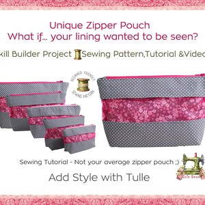May include: Several unique zipper pouches in different sizes. They feature a grey polka dot fabric with a pink floral accent and a pink zip. The image text says "Unique Zipper Pouch" and "Add Style with Tulle."