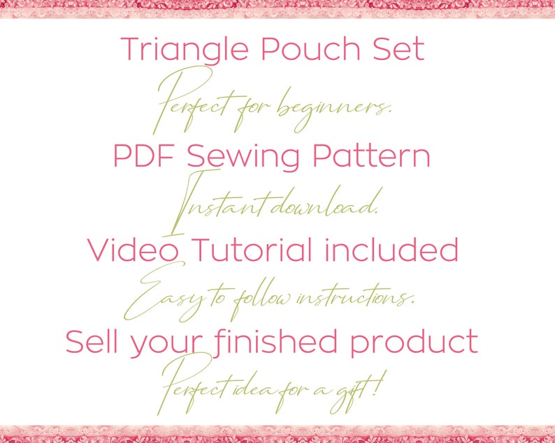 Pode incluir: Conjunto de bolsas triangulares. Padr&atilde;o de costura PDF com download instant&acirc;neo, tutorial em v&iacute;deo e instru&ccedil;&otilde;es f&aacute;ceis de seguir.  Ideia perfeita para um presente! Venda o seu produto acabado.