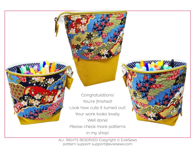 May include: Three yellow and blue fabric pencil cases with a zipper closure. The fabric has a floral and geometric pattern. The cases are filled with colored markers.