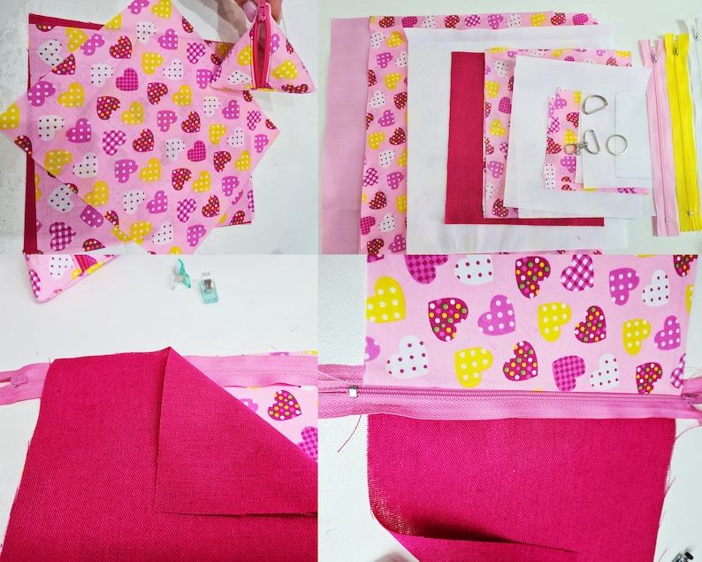 Pode incluir: Um guia passo a passo para fazer uma bolsa rosa com z&iacute;per com um tecido estampado de cora&ccedil;&otilde;es. A bolsa &eacute; feita com um z&iacute;per rosa e um tecido rosa com cora&ccedil;&otilde;es amarelos e brancos.