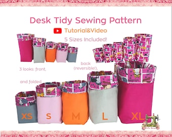 Reversible Fabric Desk Organizer Sewing Pattern - 5 Sizes Storage Basket for Office & Craft Rooms