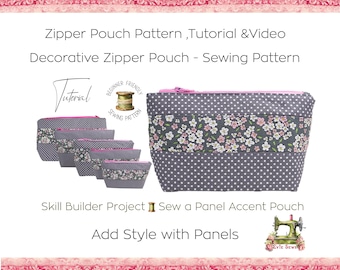 Padrão de costura para bolsa com zíper em painel – PDF fácil para iniciantes com tutorial em vídeo – Ideia de presente faça você mesmo – Bolsa de cosméticos, estojo, projeto de retalhos de tecido