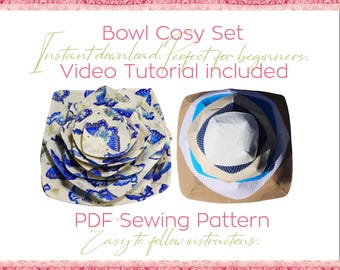 May include: A sewing pattern for a bowl cozy set. The pattern includes a video tutorial and easy-to-follow instructions. The image shows two finished bowl cozies, one with a blue and white butterfly print and the other with a beige, blue, and white geometric pattern.
