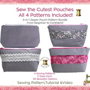 Zipper Pouch Sewing Pattern Bundle – 4 PDF Patterns, 5 Sizes Each, Beginner Friendly, DIY Gift Idea, Cosmetic Bag Patterns Instant Download