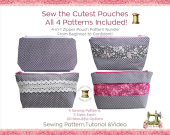 Zipper Pouch Sewing Pattern Bundle – 4 PDF Patterns, 5 Sizes Each, Beginner Friendly, DIY Gift Idea, Cosmetic Bag Patterns Instant Download