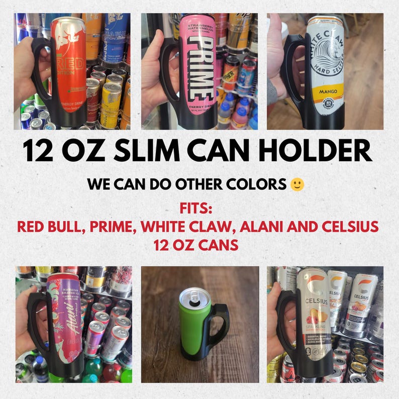 K&ouml;nnte beinhalten: Schwarzer Plastik-Getr&auml;nkedosenhalter f&uuml;r schlanke Dosen mit 355 ml. Der Halter ist mit verschiedenen beliebten Marken von Energydrinks und Hard Seltzern gezeigt, darunter Red Bull, Prime, White Claw, Alani und Celsius. Der Text "WE CAN DO OTHER COLORS" wird unter dem Bild angezeigt.