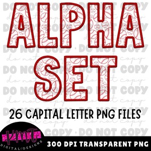 Könnte beinhalten: Ein Satz von 26 Großbuchstaben in Rot mit einem Baseballmuster. Die Buchstaben sind weiß umrandet und haben einen genähten Look. Der Text "ALPHA SET" ist oben im Bild sichtbar. Der Text "26 CAPITAL LETTER PNG FILES" ist unten im Bild sichtbar. Der Text "300 DPI TRANSPARENT PNG" ist unten im Bild sichtbar.