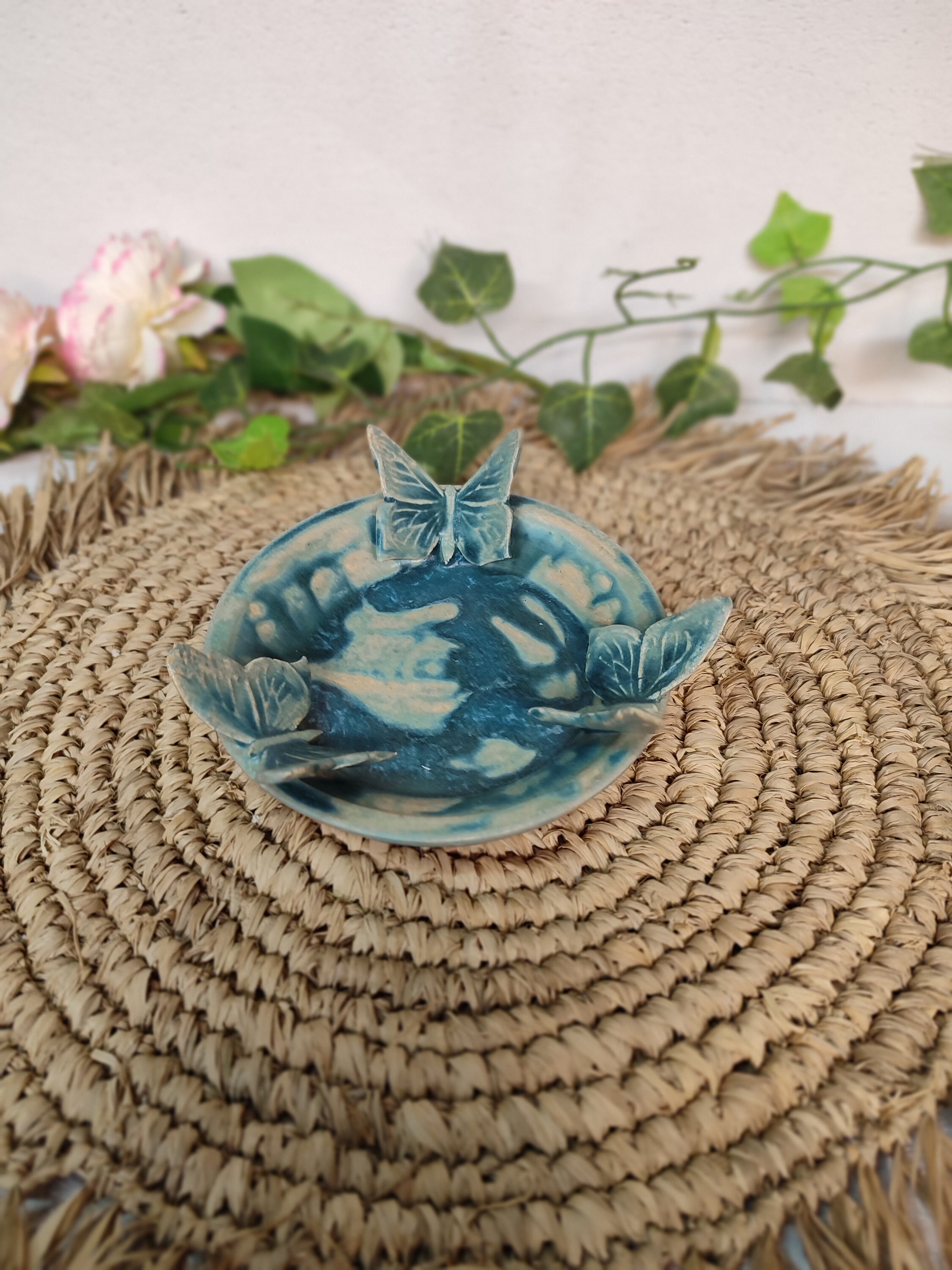 Bougeoir avec Papillon, Vide Poche en Grès Émaillé Turquoise, Cendrier, Ashtray, Candle Holder, Empt