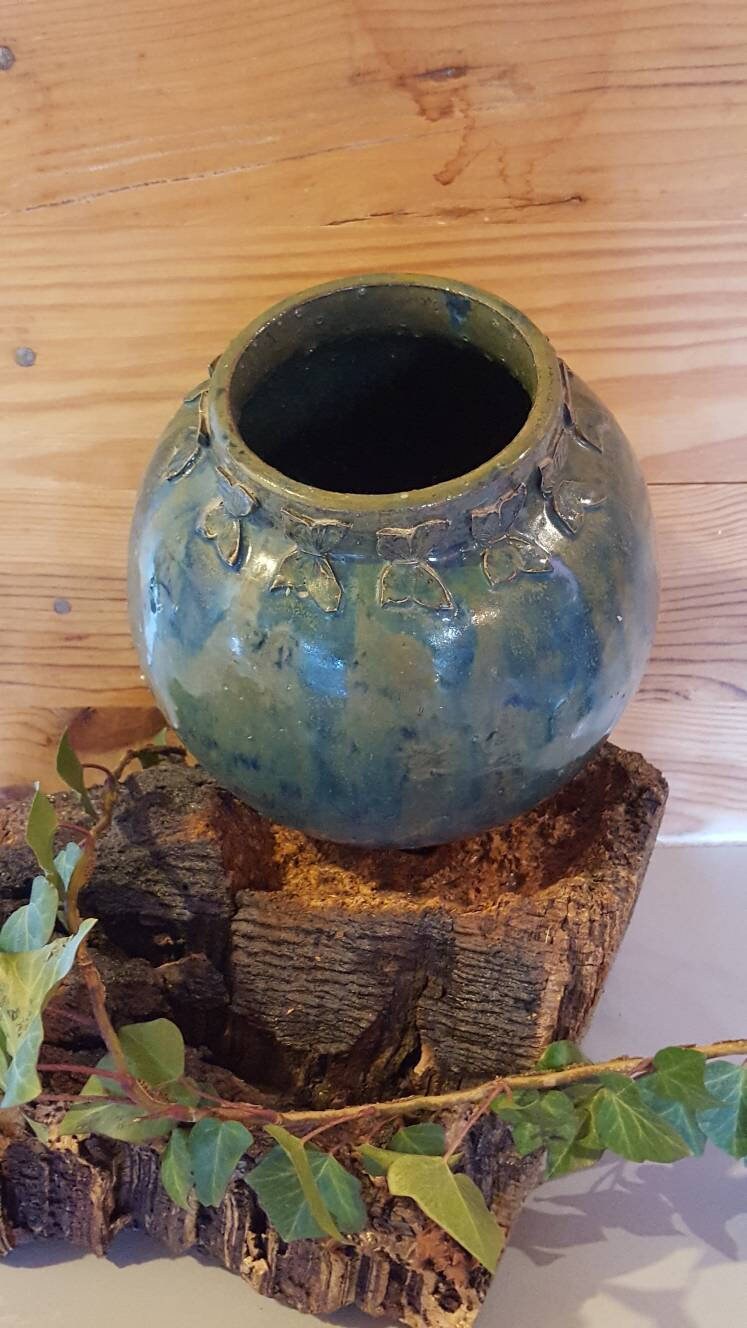Vase Rond en Grès Émaillé, Vase, Grès, Vase Céramique, Fait à La Main, Artisanal, Papillon, Vert, Bu