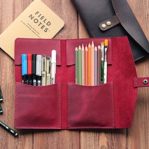 ECHSRT Leather Pencil Case Roll Up Bag Pencil Pouch Wrap Foldable Tool Roll College Supplies Art Stuff Organizer Vintage Gift for Office School Artist Adults