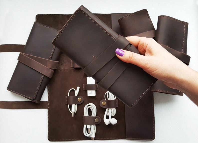 Leather Cord Organizer Personalized Blue Cable Organizer Etsy