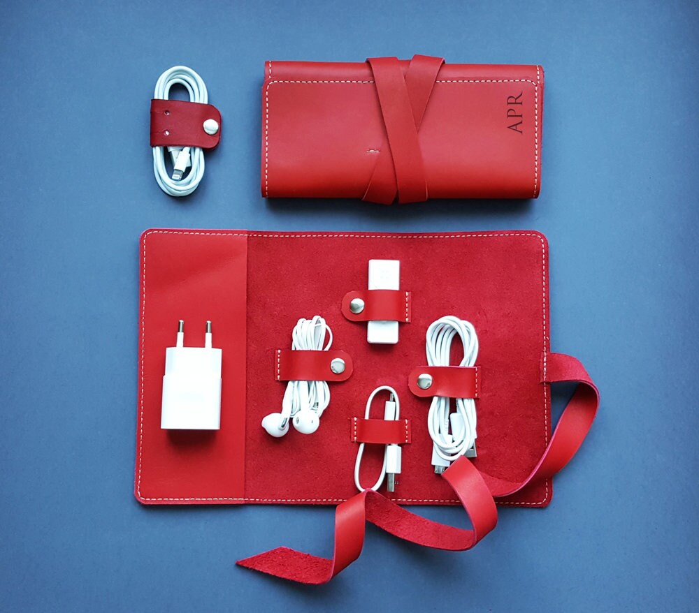 Leather Travel Organizer Cable Holder Personalized Cord Etsy