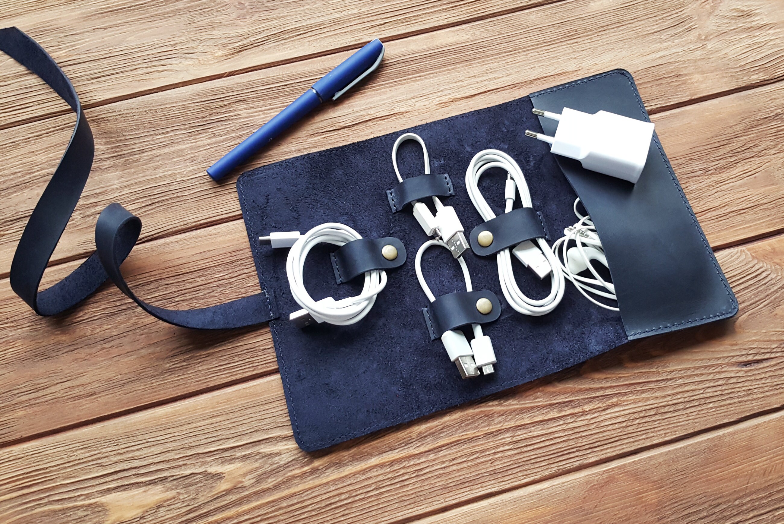 Leather Cord Organizer Personalized Blue Cable Organizer Etsy