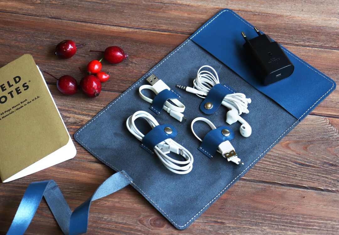 Leather Cord Organizer Personalized Blue Cable Organizer Etsy