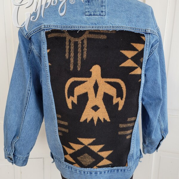 Upcycled Forever 21 Denim Jacket with Southwest Inserts | Cowboy | Aztec | Navajo | Thunderbird | Boho | Refashion | Fall | Gift | Medium