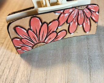 Leather Hairclip | Coral Flower | Boho | Light Weight | Hand Tooled | Genuine Leather | Hand Painted | Free Shipping