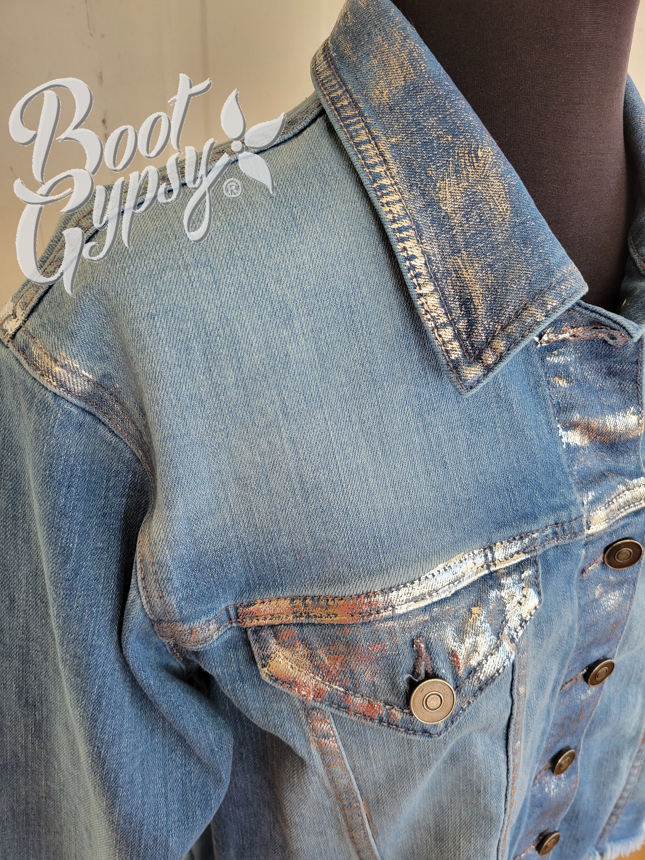 Upcycled Weissman Denim Jacket With Metallic Foil Accents | Boho 