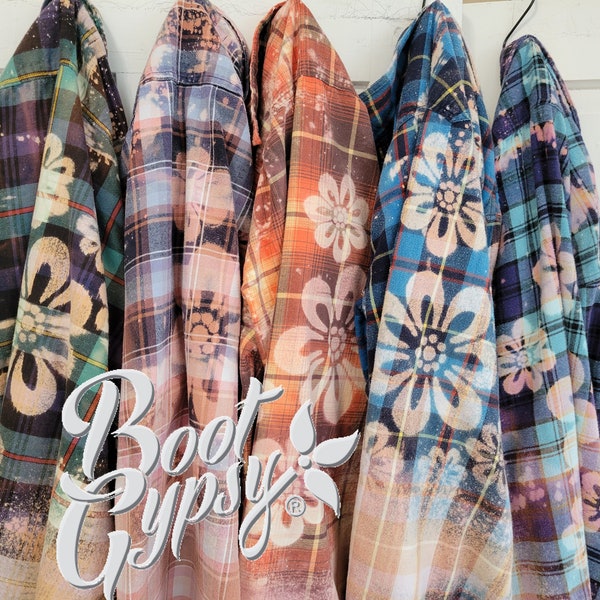 Bleached Flowers Flannel Shirt | Upcycled | Unisex Shirt | Boho | Ombre | Distressed | Refashion | Vintage | Shacket | Tropical | Gift