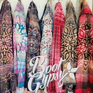 Bleached Flannel Shirt for Women | Upcycled  | Unisex Shirt | Boho | Plaid | Mandala | Distressed | Refashion | Vintage | Shacket | Festival