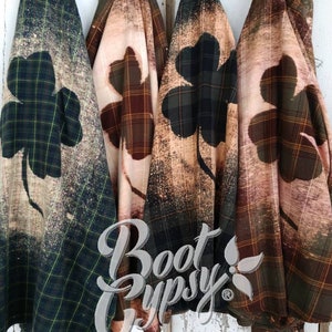 Bleached Four Leaf Clover Flannel Shirt for St. Patrick&#39;s Day | Upcycled | Boho | Ombre | Distressed | Refashion | Irish | Lucky | Shacket