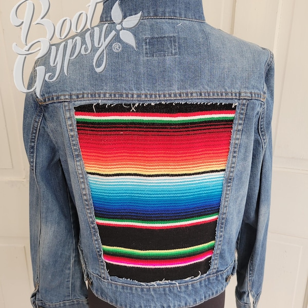 Upcycled Stylus Denim Jacket with Southwest Serape Inserts | Cowboy | Aztec | Boho | Refashion | Gift | Large