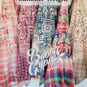 Bleached Cotton Summer Plaid Shirt | Upcycled  | Unisex Shirt | Boho | Plaid | Ombre | Flower |Mandala | Distressed | Refashion | Gift