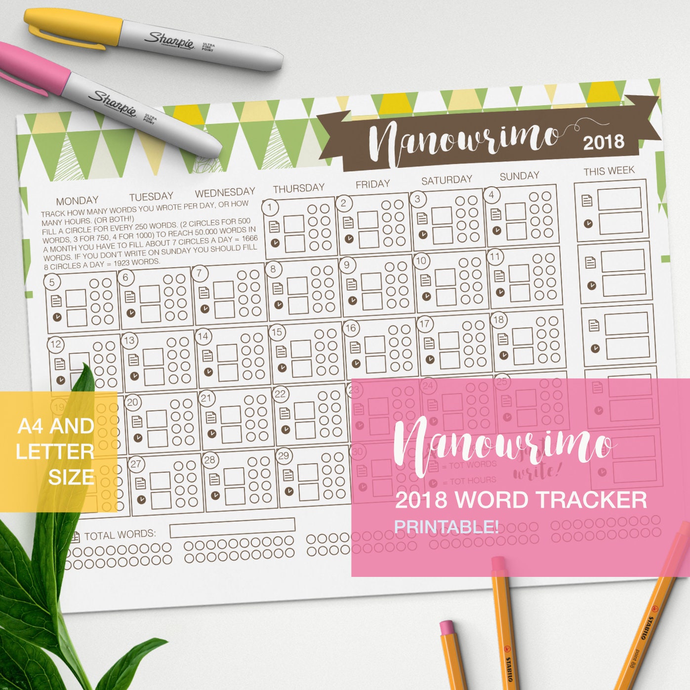 Nanowrimo writing tracker 2018 novel printable word count | Etsy