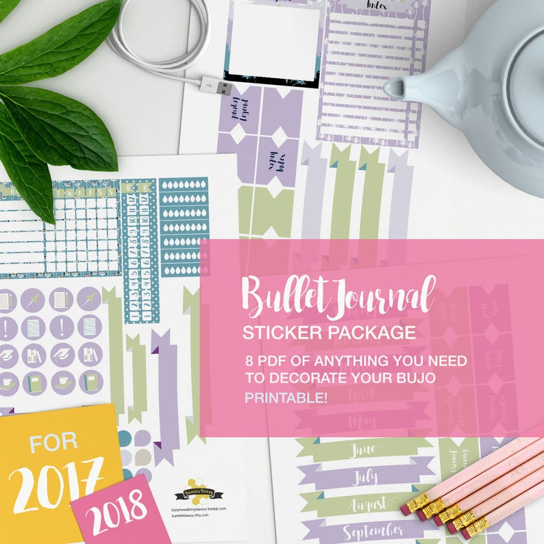 Bujo stickers package printable v06 green and lavender | Etsy