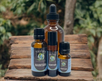 Könnte beinhalten: Vier Braunglasflaschen mit Skylara Essentials Ravintsara-Öl. Das Set besteht aus einer großen Tropfflasche, einer mittleren Flasche mit schwarzem Verschluss, einer hohen, schmalen Roll-on-Flasche und einer kleinen Flasche, alle mit blau-weißen Etiketten.