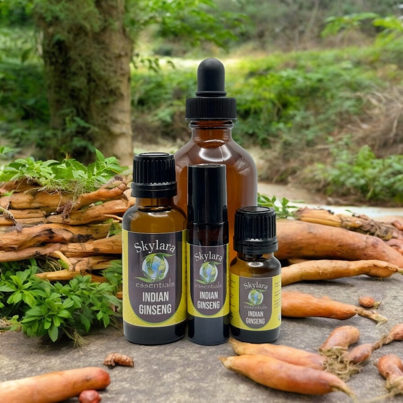 Peut inclure: Quatre flacons en verre brun avec des compte-gouttes contenant de l'huile essentielle de ginseng indien. Les flacons sont &eacute;tiquet&eacute;s "Skylara Essentials Indian Ginseng". Les flacons sont pos&eacute;s sur une surface en bois avec des racines orange.