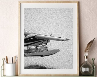 Peut inclure: Une photographie en noir et blanc d'un hydravion décollant au-dessus de l'eau, encadrée dans un cadre en bois clair et exposée sur une étagère vert clair avec d'autres objets décoratifs.