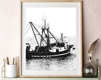 May include: Black and white illustration of a fishing boat on the water. The boat has a tall mast and a large net. The illustration is framed and displayed on a shelf with other decorative items.