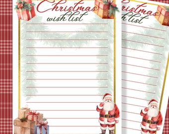 Op de afbeelding: Twee printbare kerst verlanglijstjes met een illustratie van de kerstman, een krans en cadeaudozen. De tekst "Christmas wish list" staat in cursief bovenaan elke pagina.