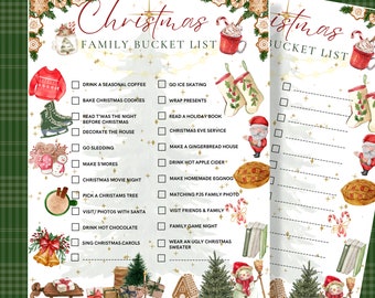 Può includere: Un elenco di cose da fare a Natale stampabile con uno sfondo ad acquerello. L'elenco include attività come bere caffè di stagione, cuocere biscotti di Natale, andare a pattinare sul ghiaccio e impacchettare regali. L'elenco è decorato con illustrazioni festive di alberi di Natale, ornamenti e bastoncini di zucchero.