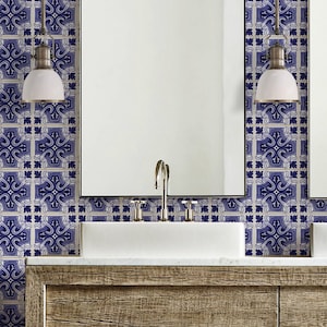 Blue Moroccan Tile Repositionable Removable Wallpaper, Peel & Stick Fabric Wallpaper, Spanish Portuguese Azulejo Tile, PVC Free, #5