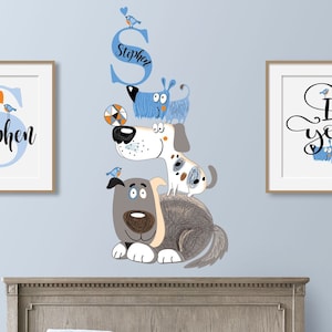 Dogs Puppy Themed Personalized Name Custom Initial Repositionable Fabric Wall Decal Sticker for Nursery, Girl&#39;s, Boy&#39;s Room or Playroom