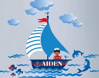 Nautical Personalized Repositionable Fabric Wall Decal Sticker for Nursery, Boy's Room or Playroom, Sail Boat, Ship, Dolphins Decal PVC free