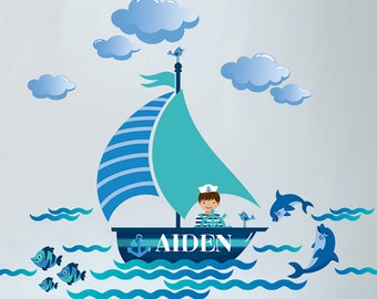 Nautical Personalized Repositionable Fabric Wall Decal Sticker for Nursery, Boy's Room or Playroom, Sail Boat, Dolphins, Ship Decal PVC free