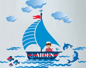 Nautical Personalized Repositionable Fabric Wall Decal Sticker for Nursery, Boy's Room or Playroom, Sail Boat, Ship, Whale Decal, PVC free